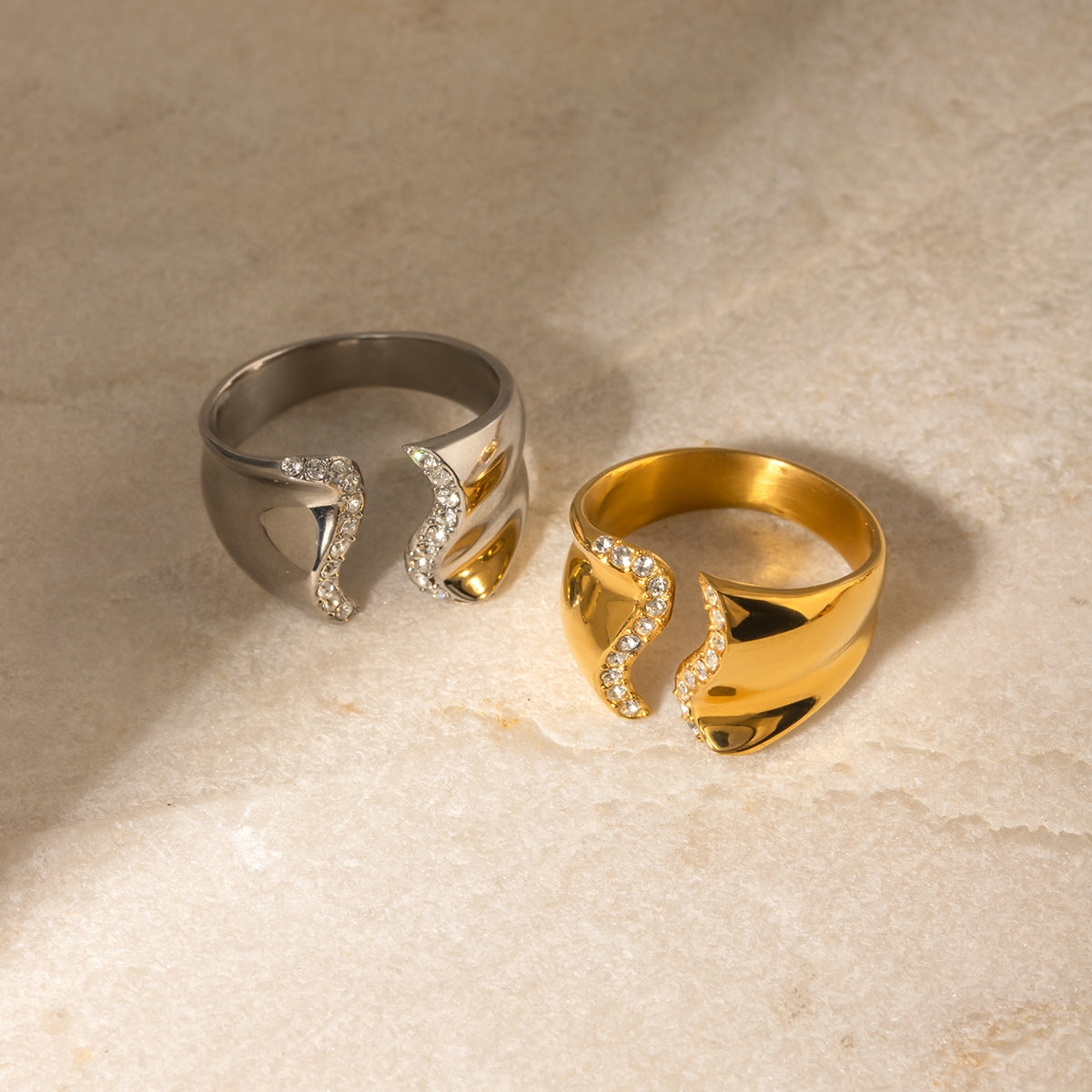 Stainless Steel Inlaid Rhinestone Bypass Ring Stainless Steel Inlaid Rhinestone Bypass Ring